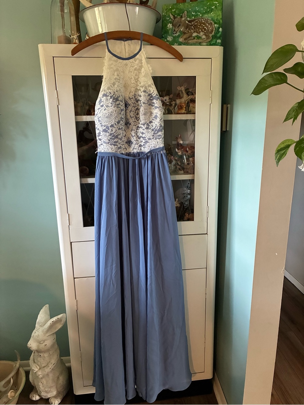 JJ’s House sz 8 Formal Lace Halter Maxi Dress in Slate Blue nwt